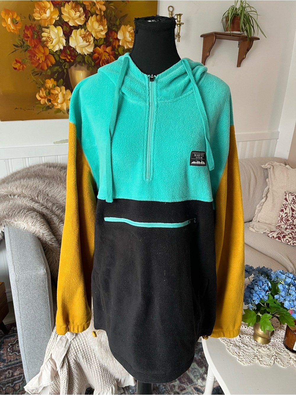 Massive Outdoor Vintage-Style Colorblock Hooded Fleece Pullover Sweater Size 1X